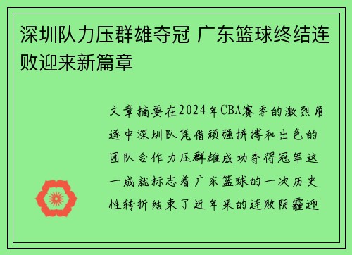 深圳队力压群雄夺冠 广东篮球终结连败迎来新篇章