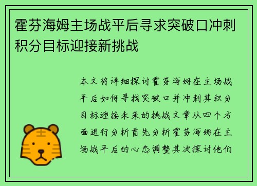 霍芬海姆主场战平后寻求突破口冲刺积分目标迎接新挑战