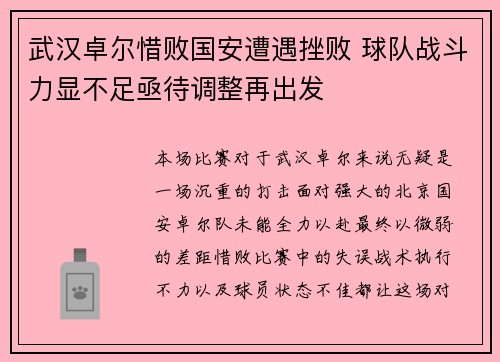 武汉卓尔惜败国安遭遇挫败 球队战斗力显不足亟待调整再出发