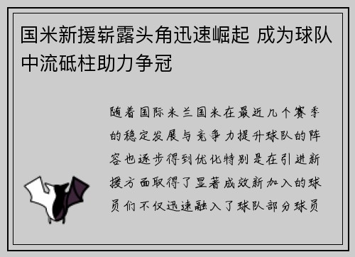 国米新援崭露头角迅速崛起 成为球队中流砥柱助力争冠