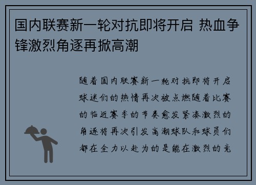 国内联赛新一轮对抗即将开启 热血争锋激烈角逐再掀高潮