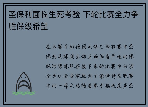 圣保利面临生死考验 下轮比赛全力争胜保级希望