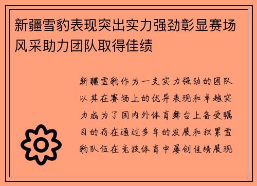 新疆雪豹表现突出实力强劲彰显赛场风采助力团队取得佳绩