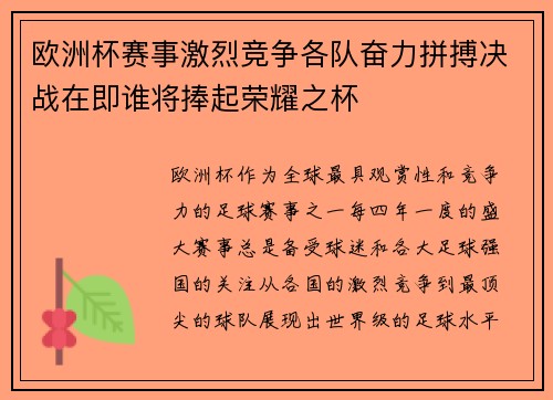 欧洲杯赛事激烈竞争各队奋力拼搏决战在即谁将捧起荣耀之杯