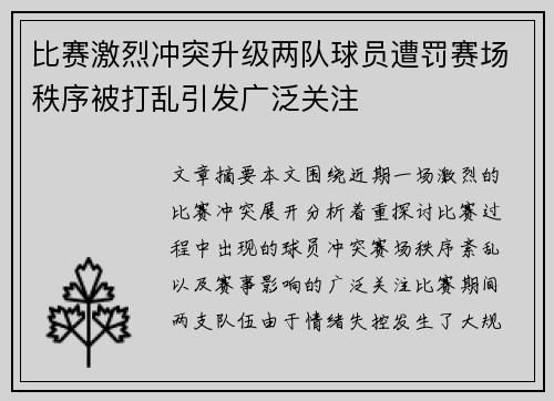 比赛激烈冲突升级两队球员遭罚赛场秩序被打乱引发广泛关注