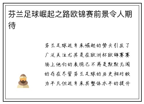芬兰足球崛起之路欧锦赛前景令人期待