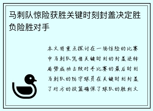 马刺队惊险获胜关键时刻封盖决定胜负险胜对手