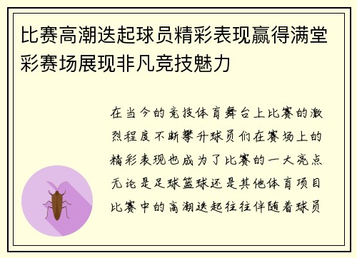 比赛高潮迭起球员精彩表现赢得满堂彩赛场展现非凡竞技魅力